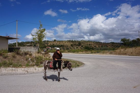 Mann in Albanien auf einem Esel