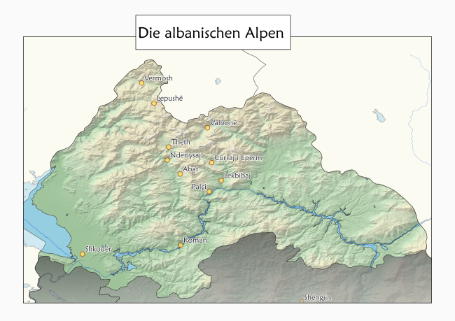 Eine Übersichtskarten der albanischen Alben, welche die wichtigsten Städte und Örter anzeigt die Ausgangsorte für Wanderungen sind