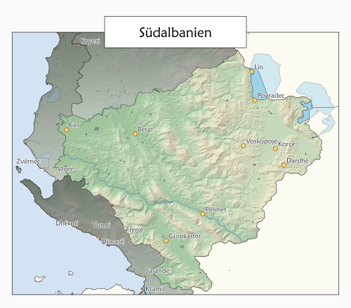 Die Übersichtskarte von Südalbanien zeigt Ortschaften im Süden des Landes die zu Wanderungen, Schluchten, Thermalbädern und Seen führen