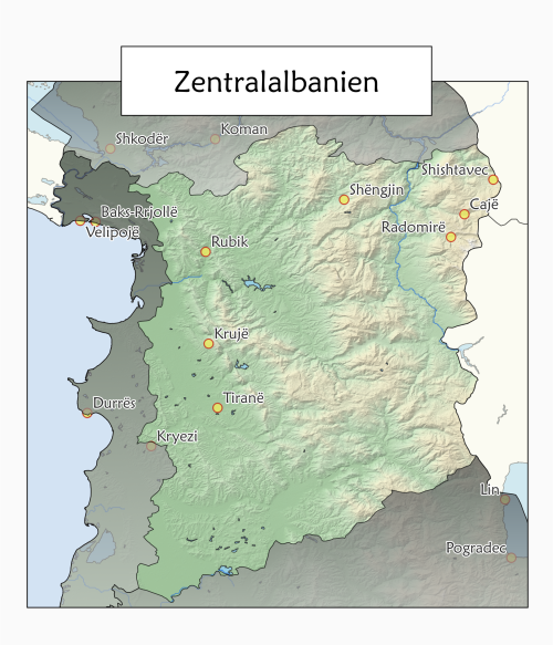 Eine Übersichtskarte von Zentral und Ostalbanien, die Ortschaften rund um Tirana zeigt in denen man verschiedene Aktivitäten erleben kann