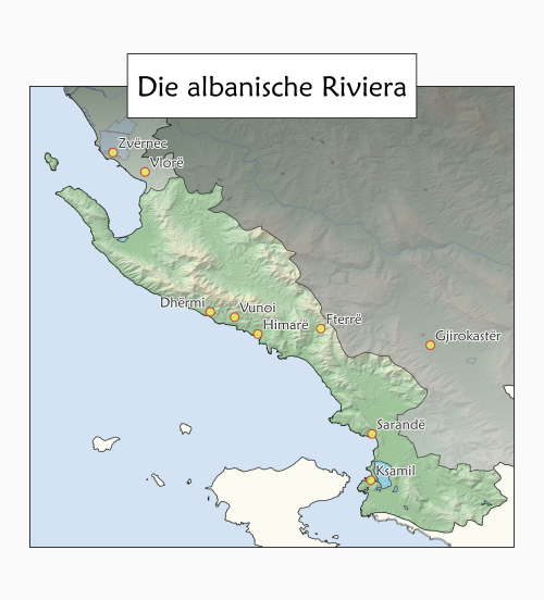 Diese Überischtskarte der albanischen Riviera zeigt Dörfer und Städte entlang der Küste an denen man viele wunderschöne Stände und Buchten vorfindet